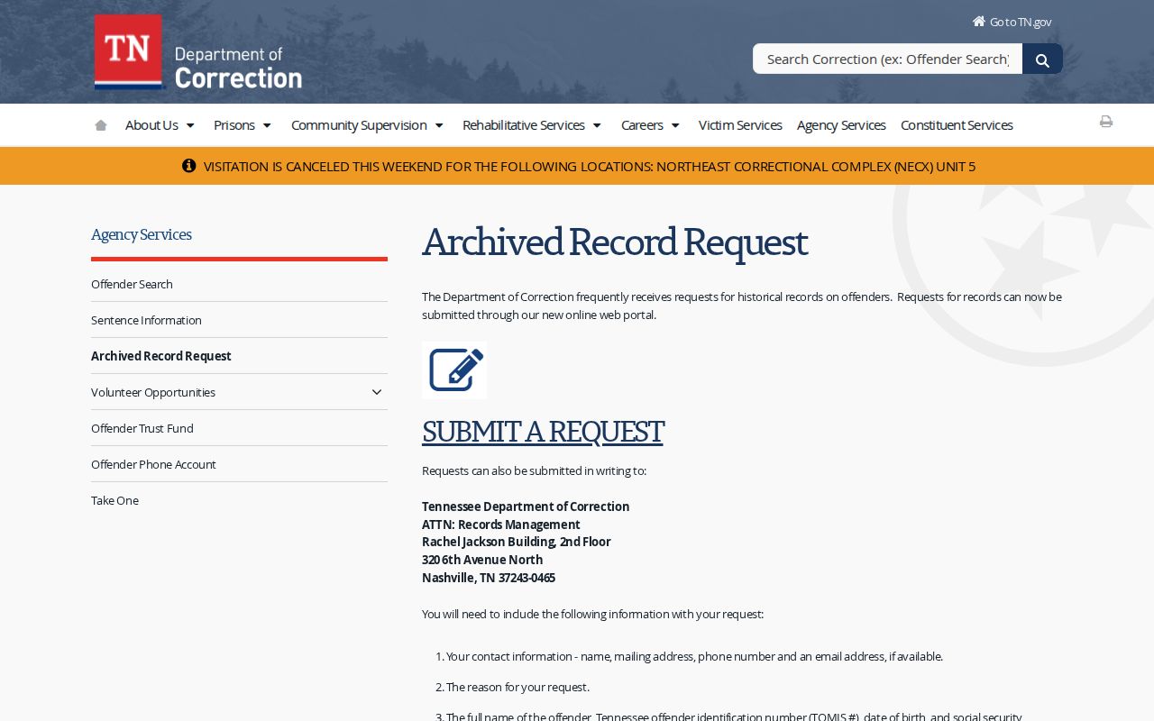 Carroll County arrest records archived TDOC request page