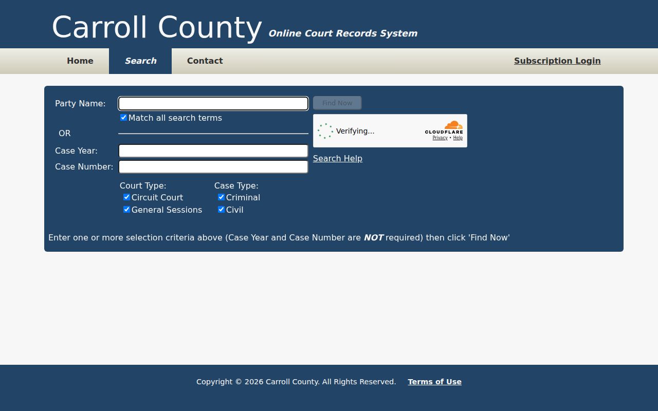 Carroll County criminal court Circuit and General Sessions case search