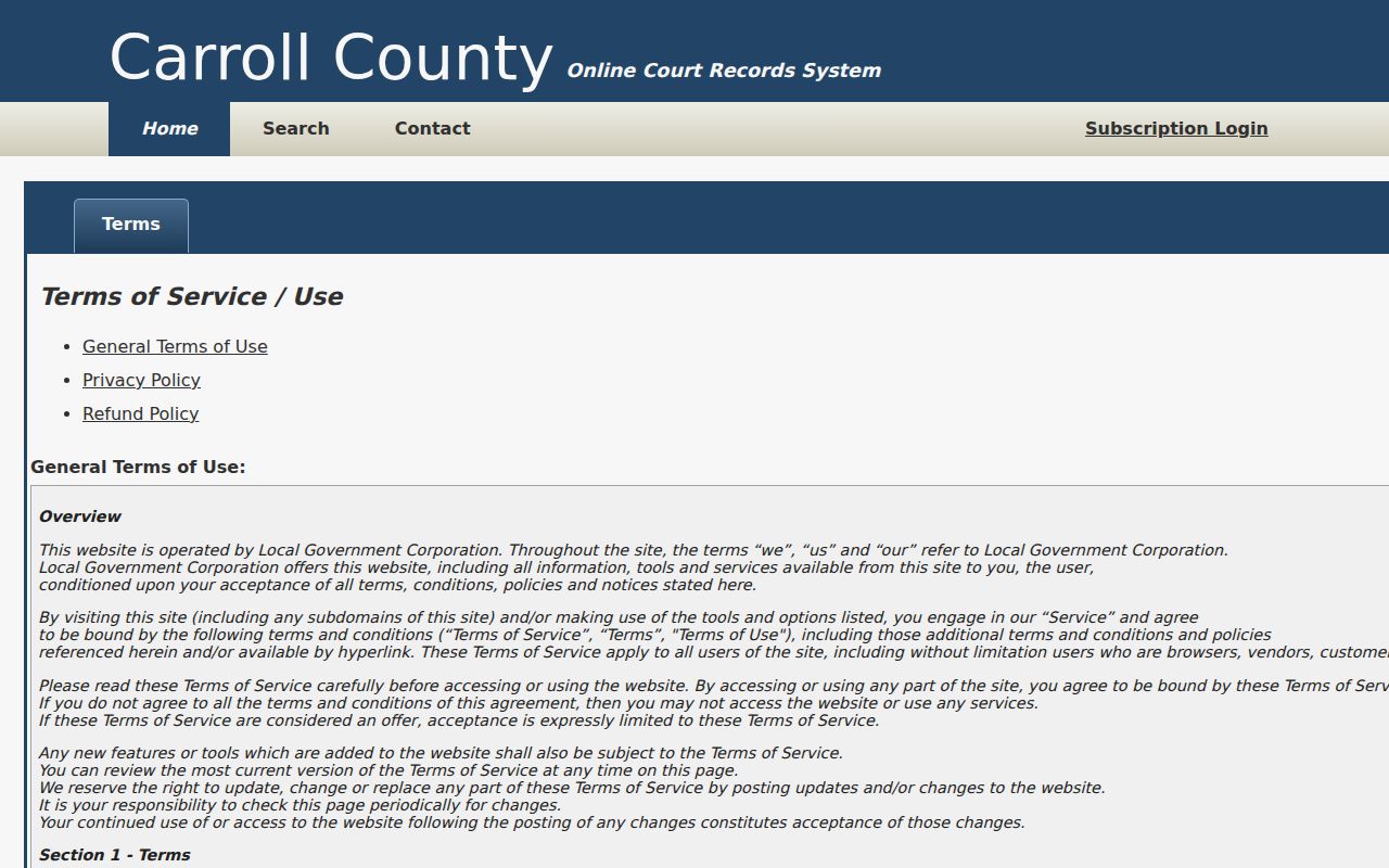 Carroll County criminal court case portal terms and limitations