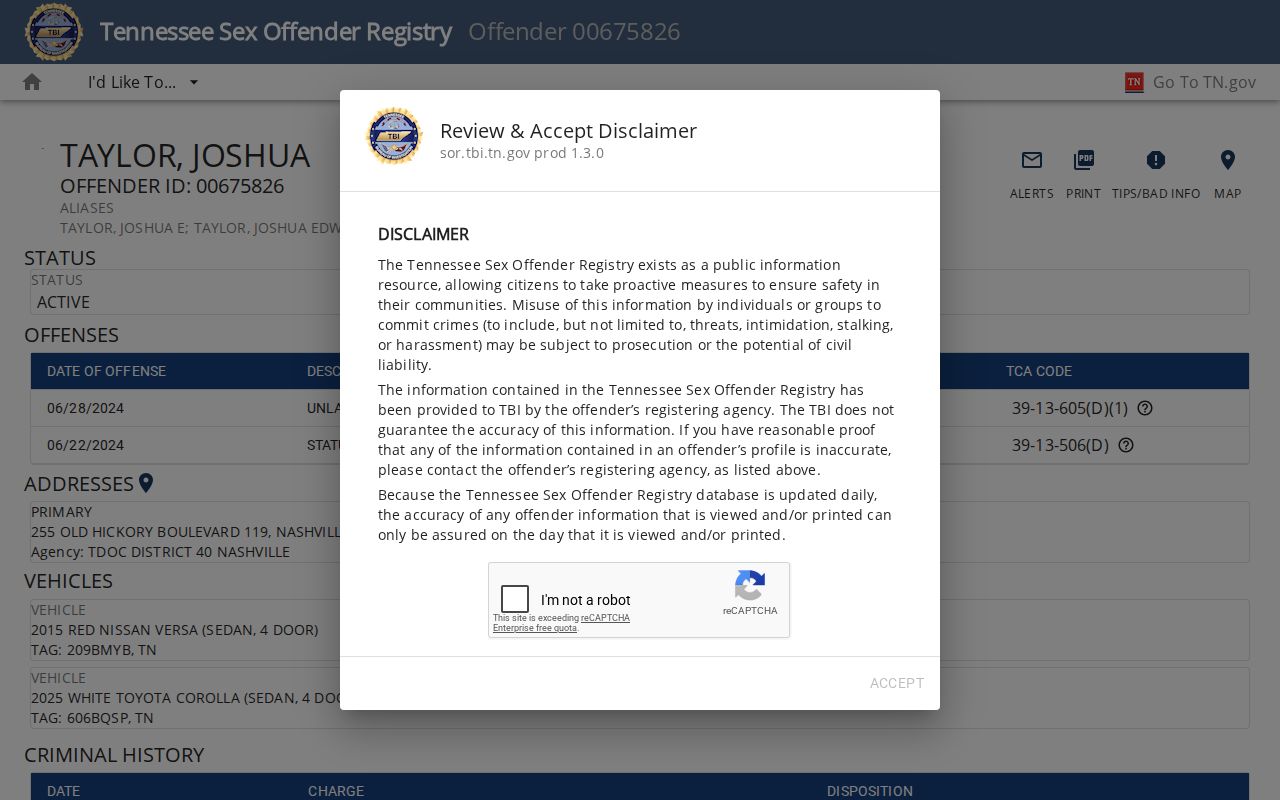 Carroll County sex offender registry profile field layout