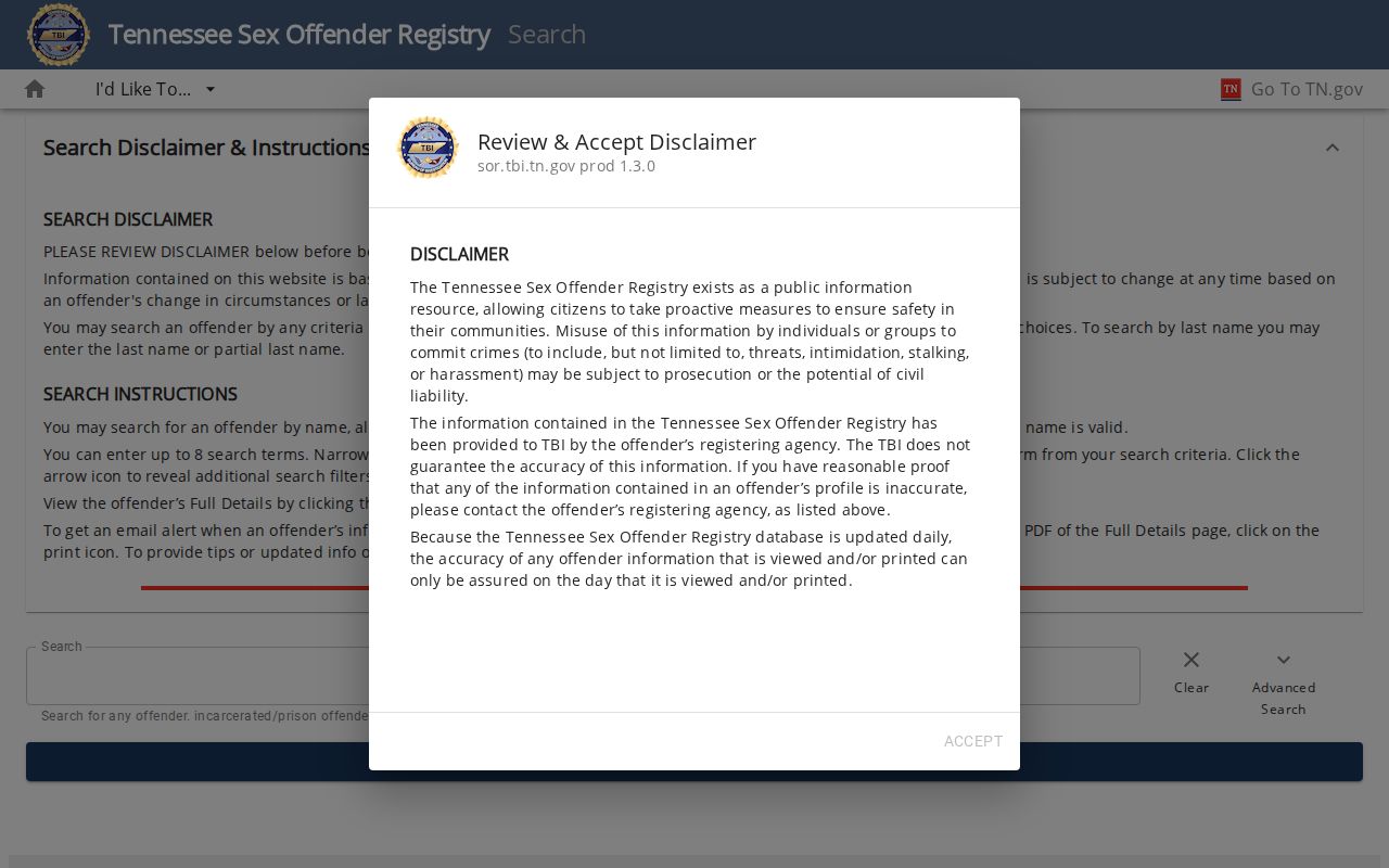 Carroll County sex offender search fields on the TBI registry