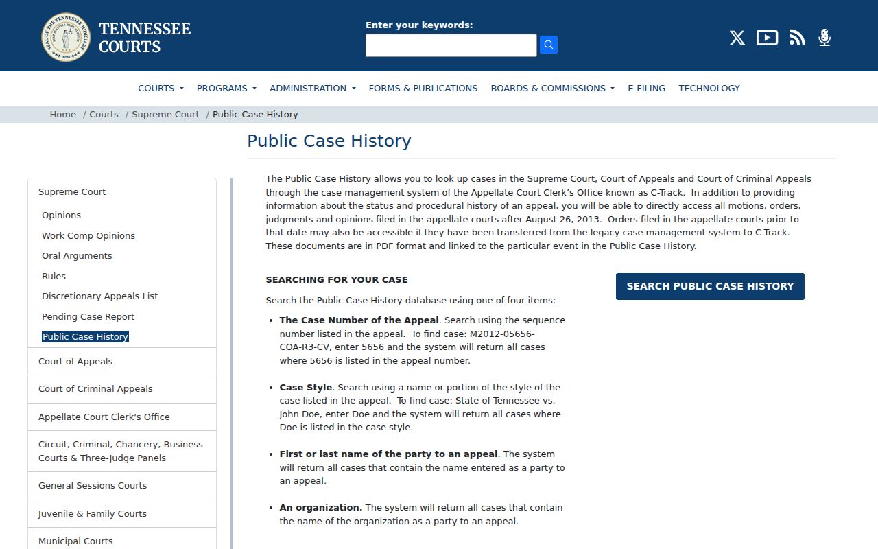 Carroll County criminal court record access through Tennessee Public Case History