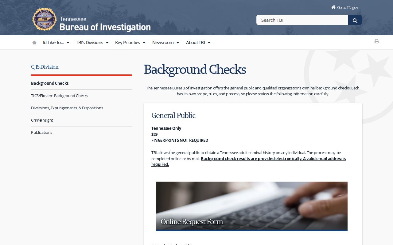 Carroll County criminal record options listed by the Tennessee Bureau of Investigation